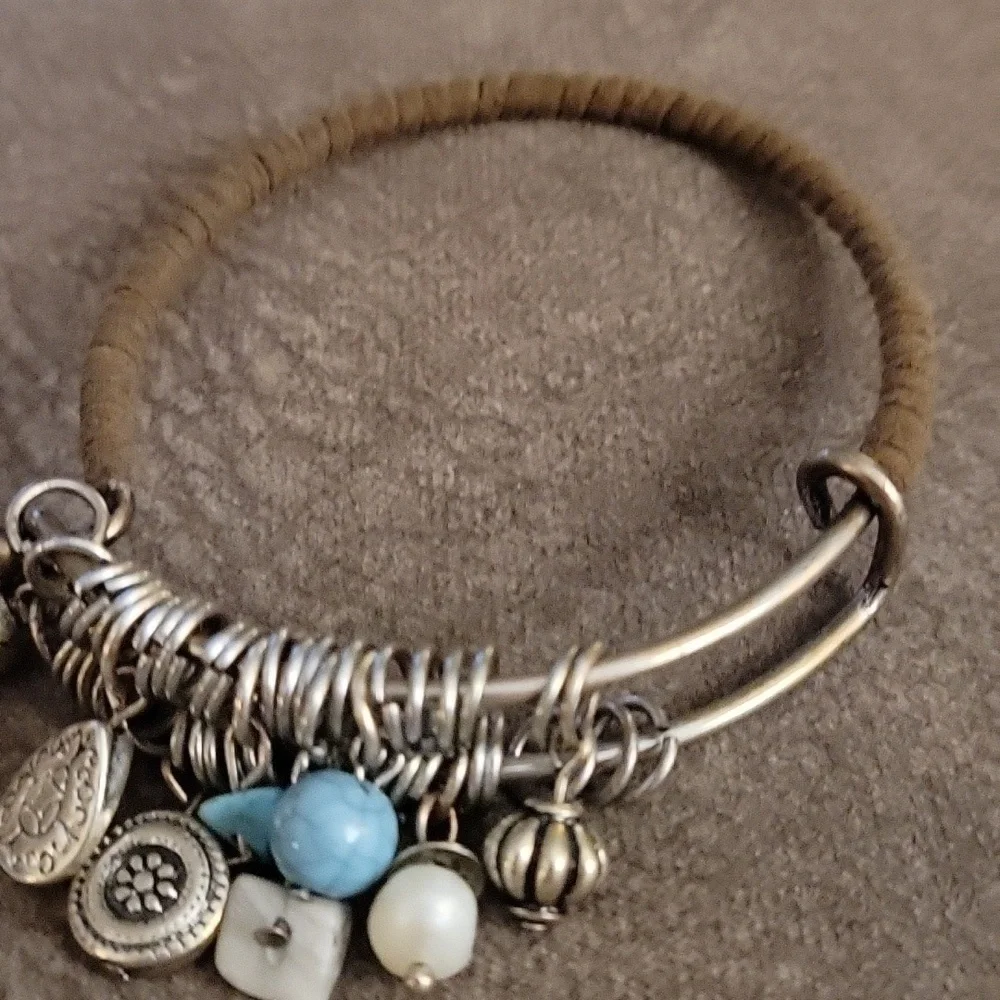 Brown Leather Wrapped Charm Bangle Western Cowgirl Bracelet
